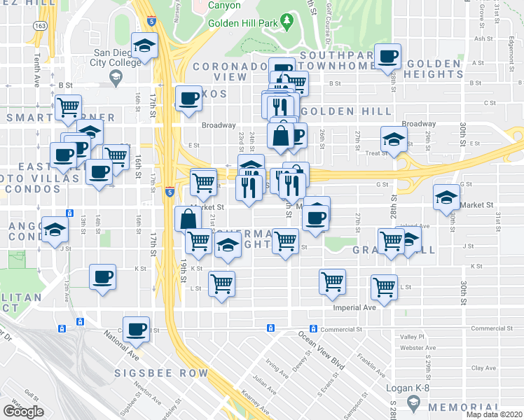map of restaurants, bars, coffee shops, grocery stores, and more near 605 24th Street in San Diego