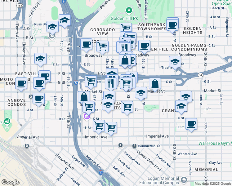 map of restaurants, bars, coffee shops, grocery stores, and more near 605 24th Street in San Diego