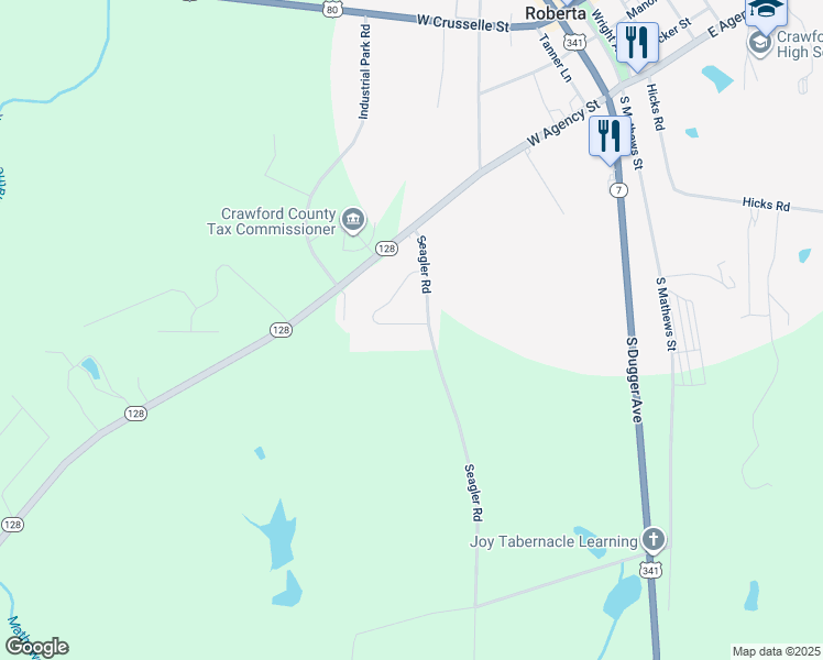 map of restaurants, bars, coffee shops, grocery stores, and more near 225 Myrtle Drive in Roberta