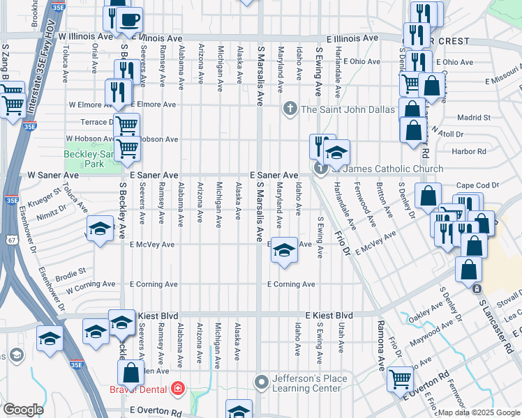 map of restaurants, bars, coffee shops, grocery stores, and more near 2830 South Marsalis Avenue in Dallas