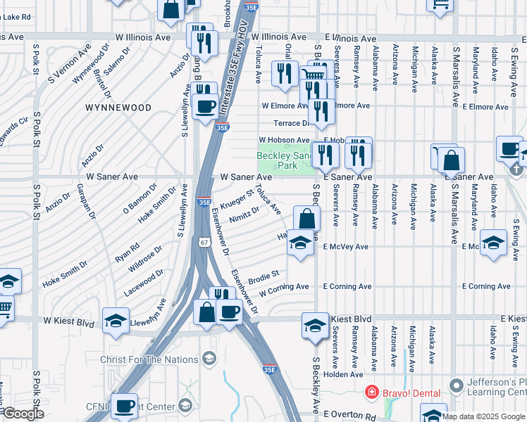 map of restaurants, bars, coffee shops, grocery stores, and more near 311 Nimitz Drive in Dallas