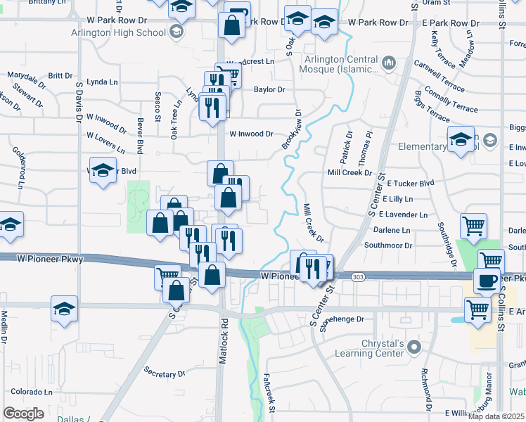 map of restaurants, bars, coffee shops, grocery stores, and more near 1931 South Cooper Street in Arlington
