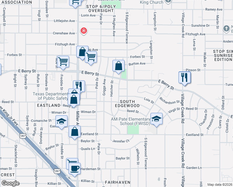 map of restaurants, bars, coffee shops, grocery stores, and more near 4500 Richardson Street in Fort Worth