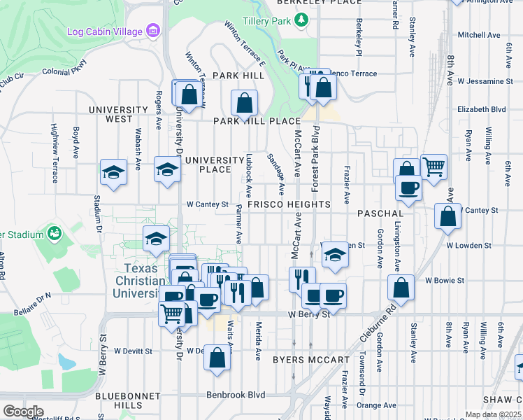 map of restaurants, bars, coffee shops, grocery stores, and more near 2721 Lubbock Avenue in Fort Worth