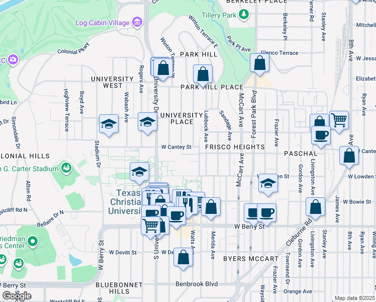 map of restaurants, bars, coffee shops, grocery stores, and more near 2724 Waits Avenue in Fort Worth