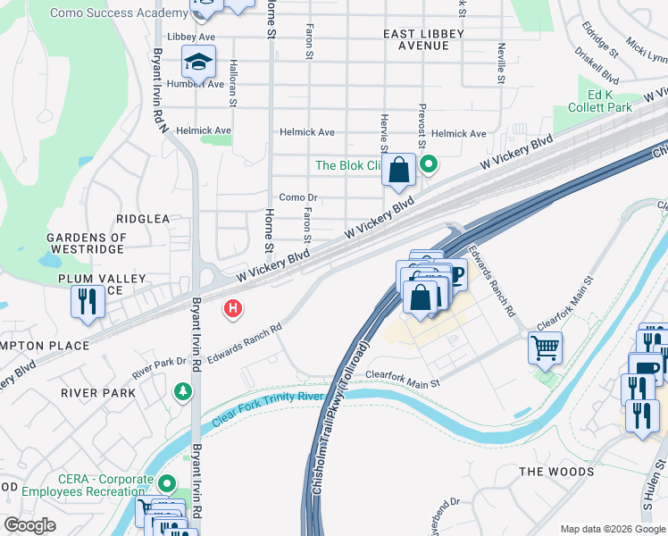 map of restaurants, bars, coffee shops, grocery stores, and more near 5518 West Vickery Boulevard in Fort Worth