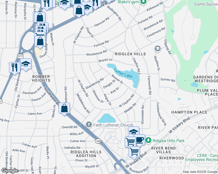 map of restaurants, bars, coffee shops, grocery stores, and more near 6808 Dwight Street in Fort Worth