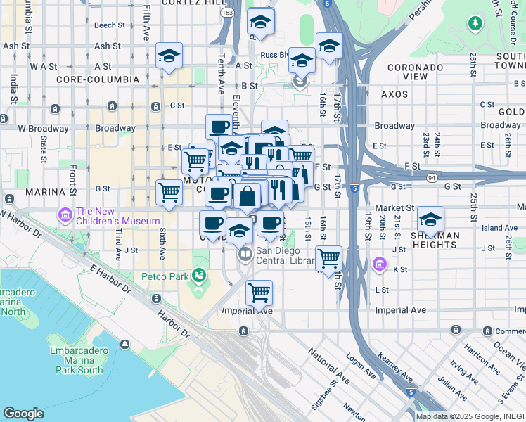 map of restaurants, bars, coffee shops, grocery stores, and more near 1245 Market Street in San Diego