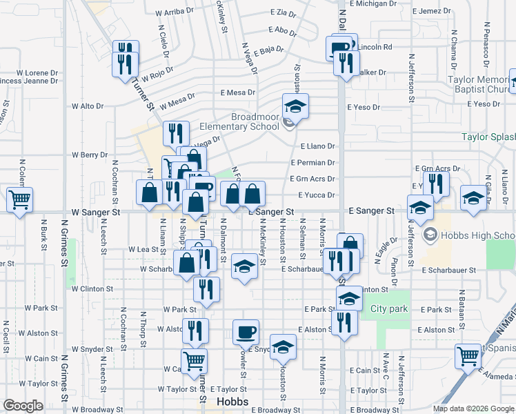 map of restaurants, bars, coffee shops, grocery stores, and more near 401 East Yucca Street in Hobbs