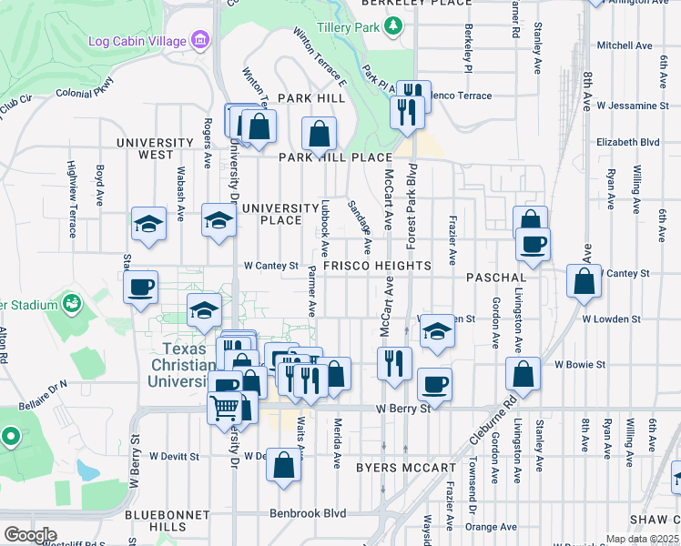 map of restaurants, bars, coffee shops, grocery stores, and more near 2721 Lubbock Avenue in Fort Worth