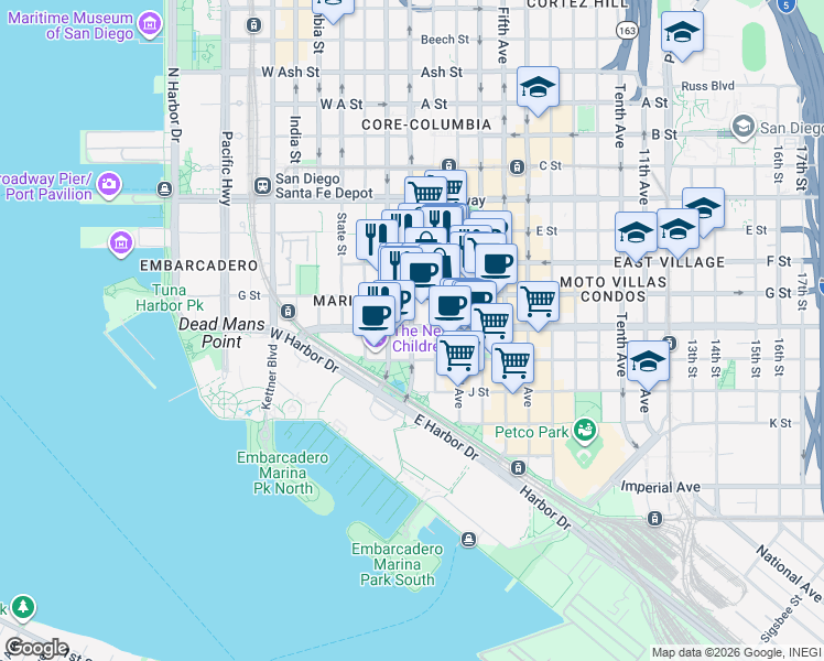 map of restaurants, bars, coffee shops, grocery stores, and more near 101 West G Street in San Diego
