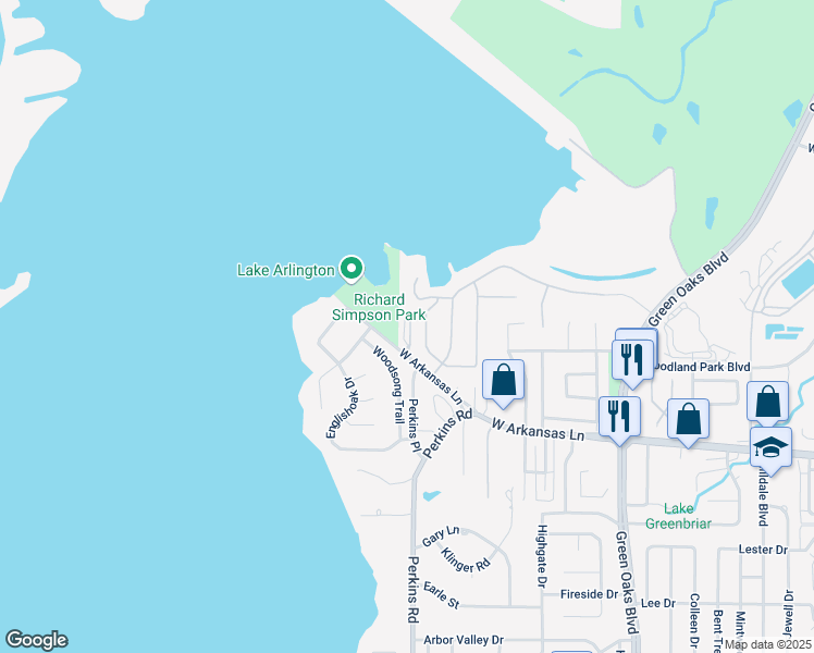 map of restaurants, bars, coffee shops, grocery stores, and more near 6300 West Arkansas Lane in Arlington