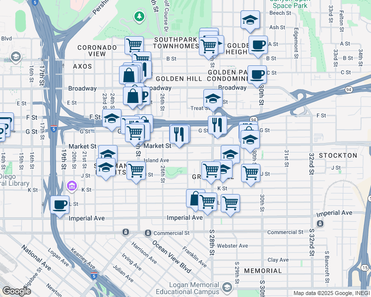 map of restaurants, bars, coffee shops, grocery stores, and more near 2693 Market Street in San Diego