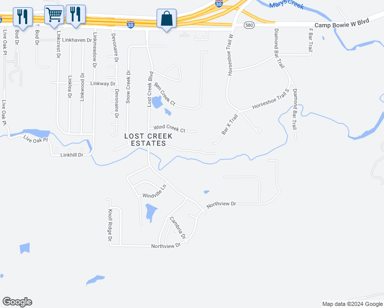 map of restaurants, bars, coffee shops, grocery stores, and more near 11601 Blue Creek Drive in Aledo