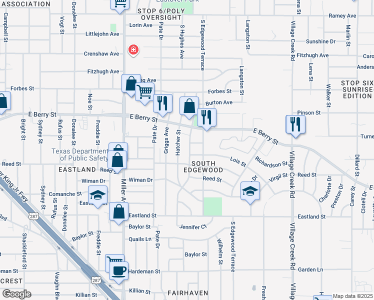 map of restaurants, bars, coffee shops, grocery stores, and more near 3408 South Hughes Avenue in Fort Worth