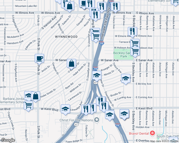 map of restaurants, bars, coffee shops, grocery stores, and more near 2846 South Llewellyn Avenue in Dallas