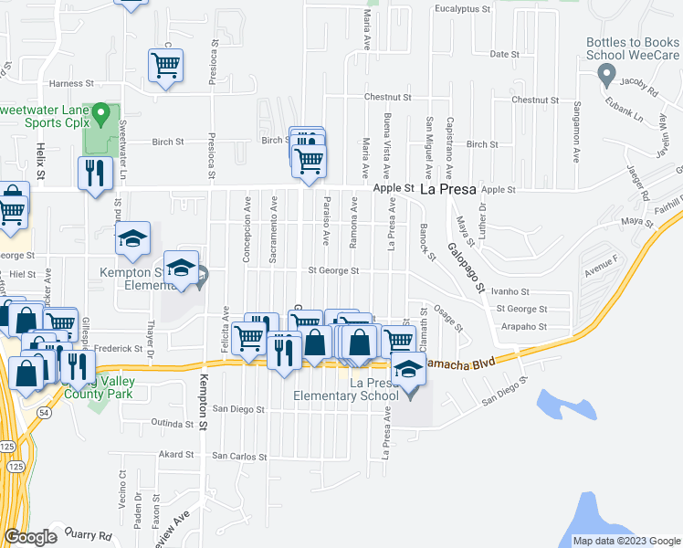 map of restaurants, bars, coffee shops, grocery stores, and more near 9461 Saint George Street in Spring Valley