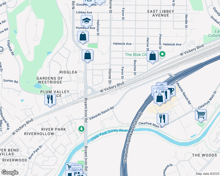 map of restaurants, bars, coffee shops, grocery stores, and more near 7375 Horne Street in Fort Worth
