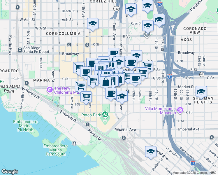 map of restaurants, bars, coffee shops, grocery stores, and more near Market Street & 9th Avenue in San Diego
