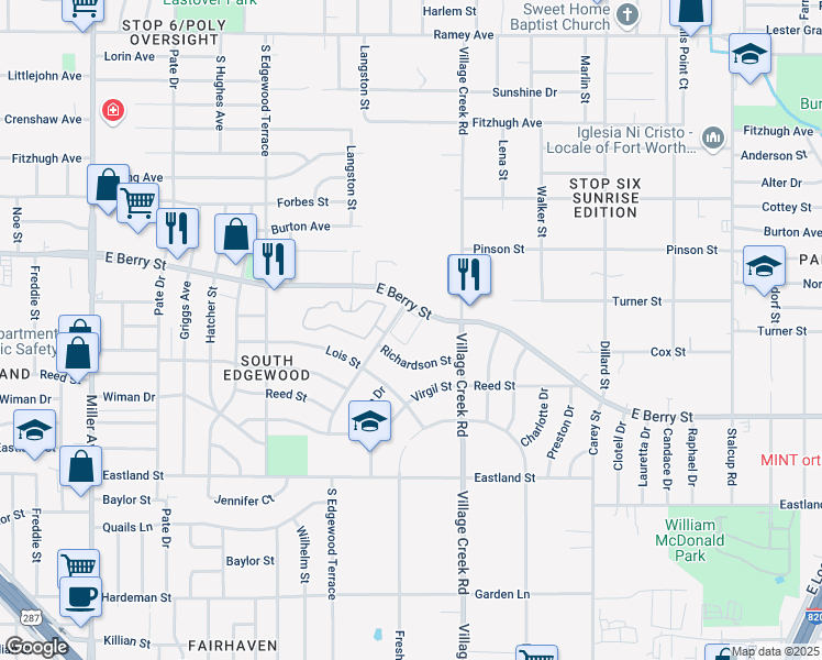 map of restaurants, bars, coffee shops, grocery stores, and more near 4800 East Berry Street in Fort Worth