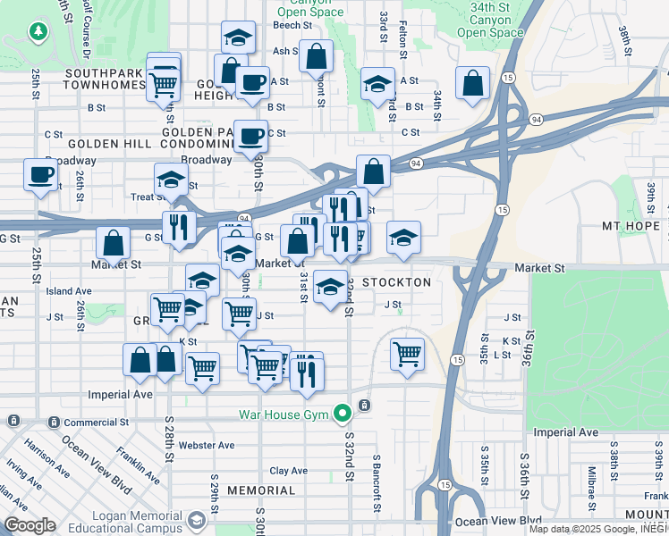 map of restaurants, bars, coffee shops, grocery stores, and more near 3167 Market Street in San Diego