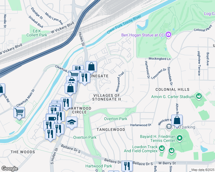 map of restaurants, bars, coffee shops, grocery stores, and more near 2881 Manorwood Trail in Fort Worth