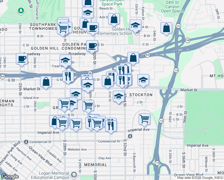 map of restaurants, bars, coffee shops, grocery stores, and more near 3113 Market Street in San Diego