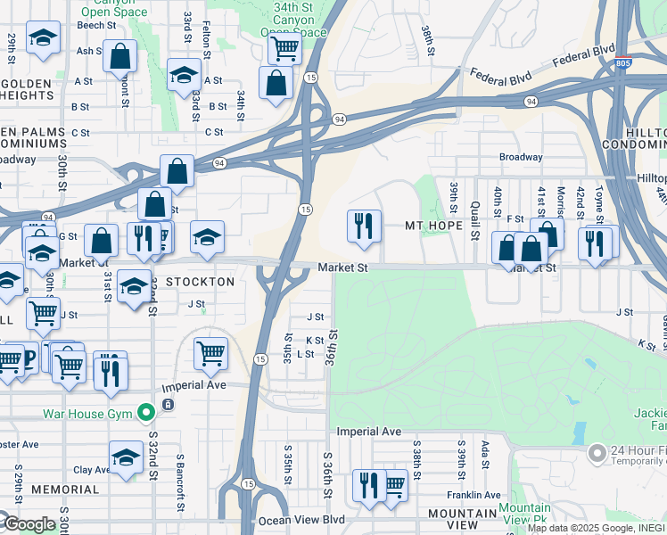 map of restaurants, bars, coffee shops, grocery stores, and more near Market Street in San Diego