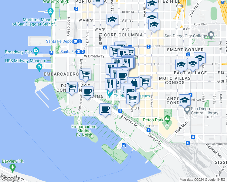 map of restaurants, bars, coffee shops, grocery stores, and more near 600 Front Street in San Diego