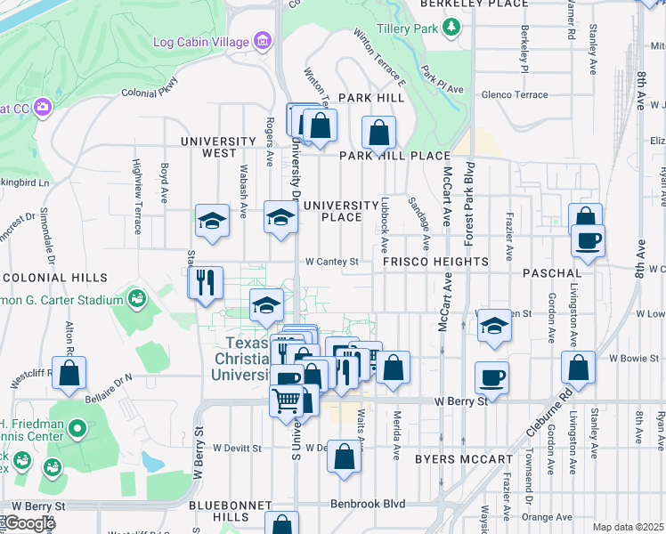 map of restaurants, bars, coffee shops, grocery stores, and more near 2907 West Cantey Street in Fort Worth