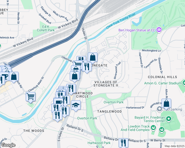 map of restaurants, bars, coffee shops, grocery stores, and more near 4201 Stonegate Boulevard in Fort Worth