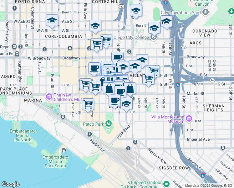 map of restaurants, bars, coffee shops, grocery stores, and more near 969 Market Street in San Diego