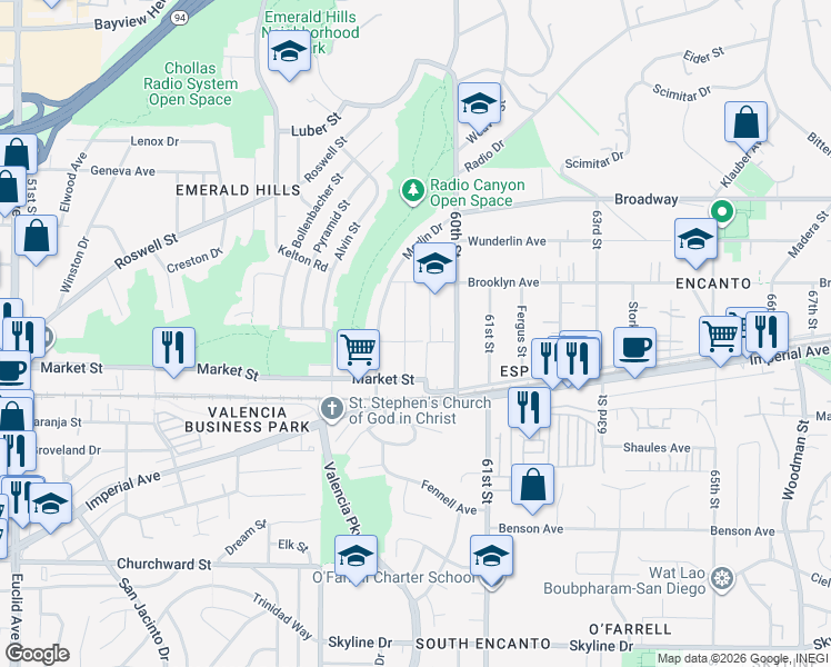map of restaurants, bars, coffee shops, grocery stores, and more near 643 Iona Drive in San Diego