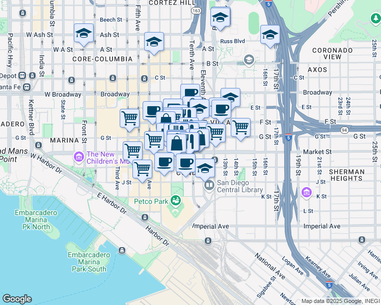 map of restaurants, bars, coffee shops, grocery stores, and more near in San Diego