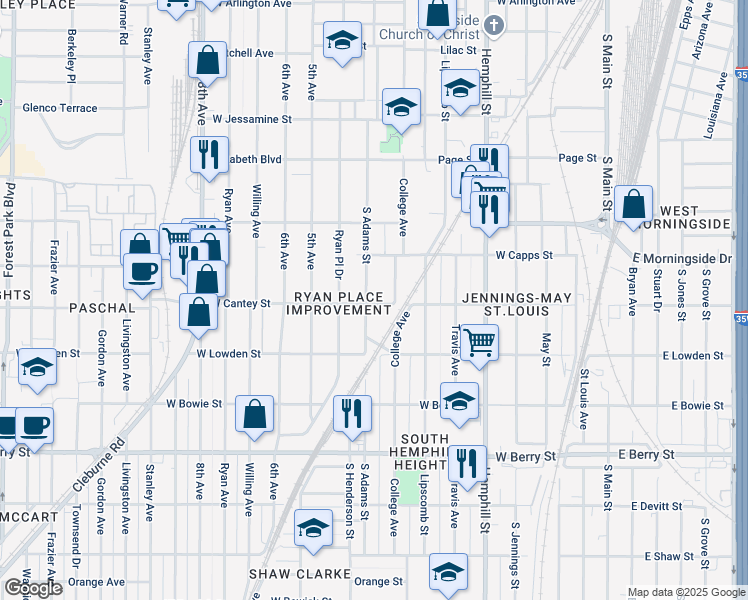map of restaurants, bars, coffee shops, grocery stores, and more near 2727 South Adams Street in Fort Worth