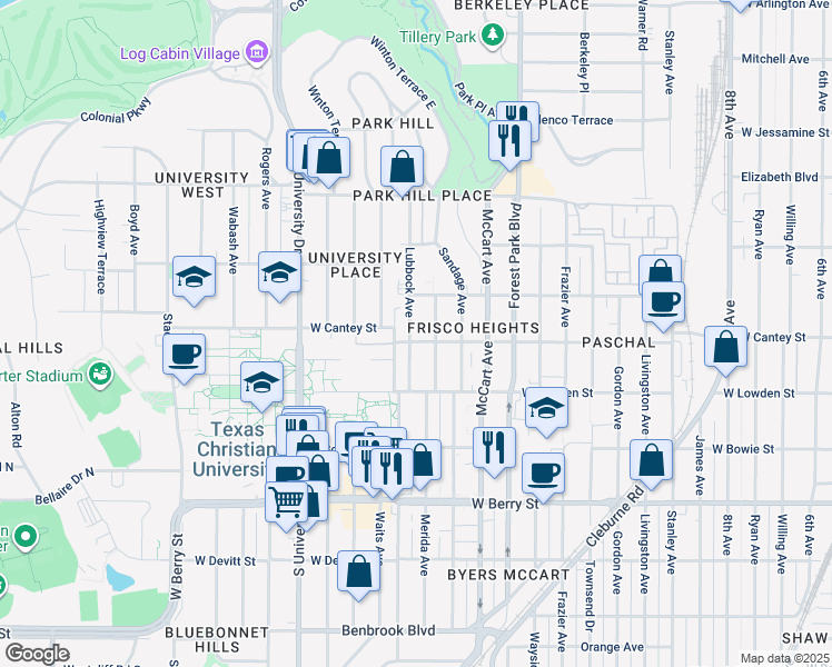 map of restaurants, bars, coffee shops, grocery stores, and more near 2721 Lubbock Avenue in Fort Worth