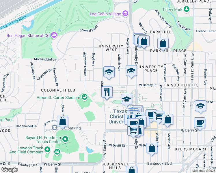 map of restaurants, bars, coffee shops, grocery stores, and more near 2745 Stadium Drive in Fort Worth
