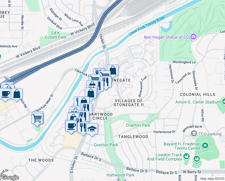 map of restaurants, bars, coffee shops, grocery stores, and more near 4201 Stonegate Boulevard in Fort Worth