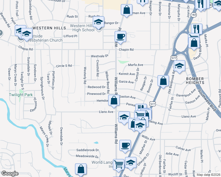 map of restaurants, bars, coffee shops, grocery stores, and more near 3929 Willow Bend Road in Benbrook