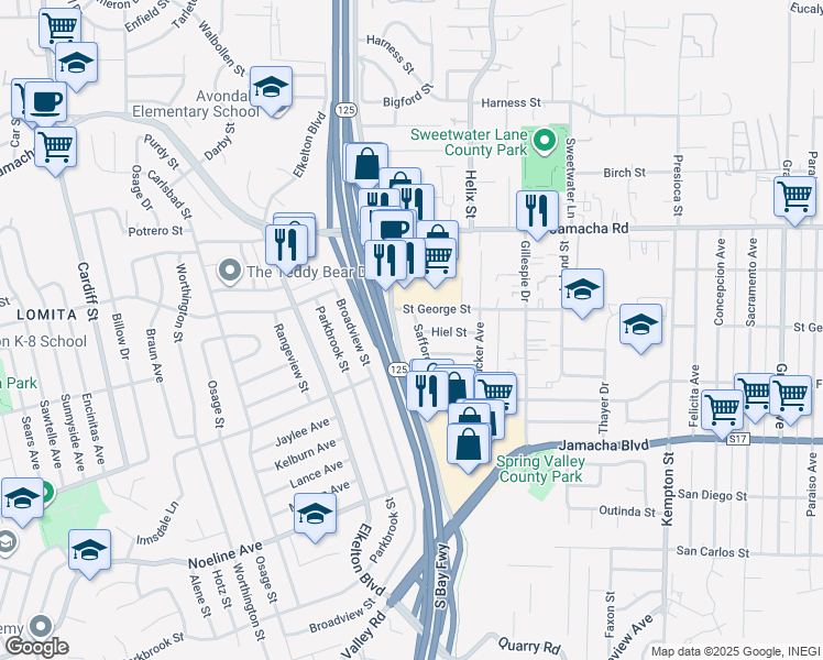 map of restaurants, bars, coffee shops, grocery stores, and more near 866 Safford Avenue in Spring Valley