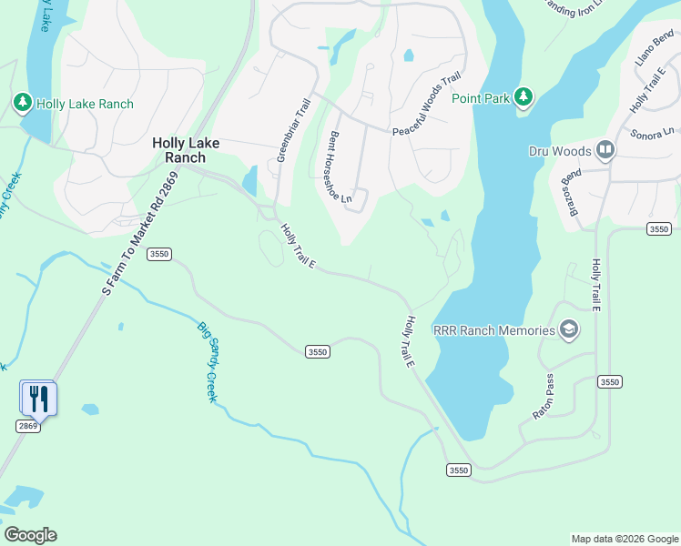 map of restaurants, bars, coffee shops, grocery stores, and more near 543 Holly Trail East in Holly Lake Ranch