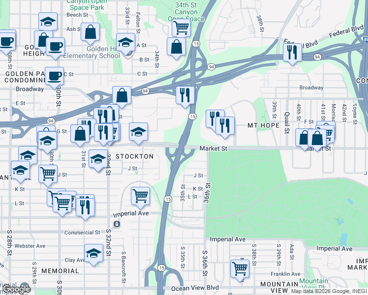 map of restaurants, bars, coffee shops, grocery stores, and more near Market Street in San Diego