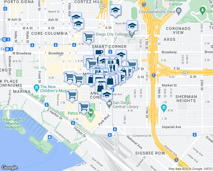 map of restaurants, bars, coffee shops, grocery stores, and more near in San Diego