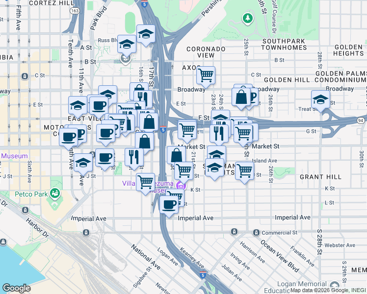map of restaurants, bars, coffee shops, grocery stores, and more near Market St & 20th St in San Diego