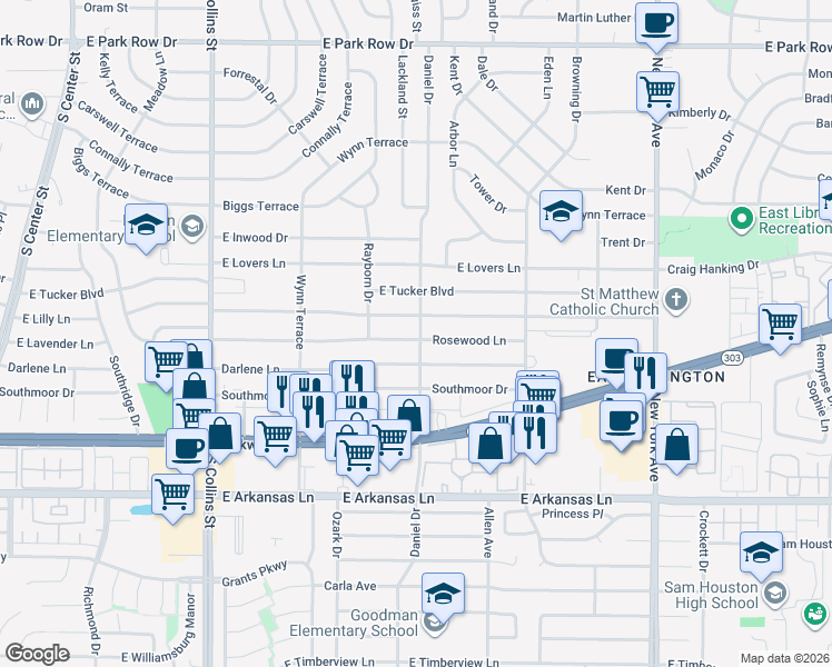 map of restaurants, bars, coffee shops, grocery stores, and more near 1402 Glynn Oaks Drive in Arlington