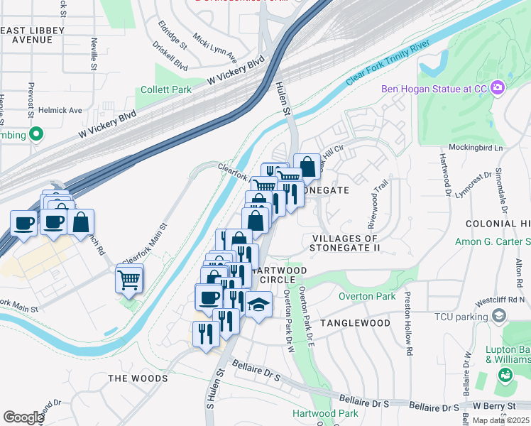 map of restaurants, bars, coffee shops, grocery stores, and more near 2750 South Hulen Street in Fort Worth