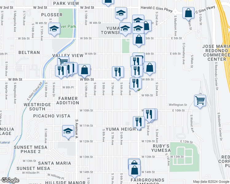 map of restaurants, bars, coffee shops, grocery stores, and more near 858 South 7th Avenue in Yuma