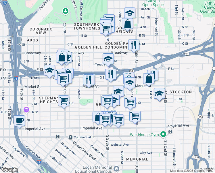 map of restaurants, bars, coffee shops, grocery stores, and more near 2820 Market Street in San Diego