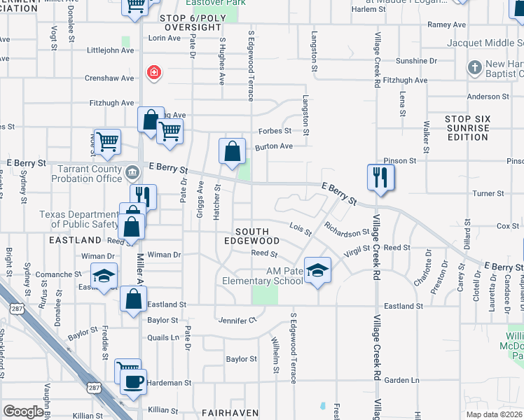 map of restaurants, bars, coffee shops, grocery stores, and more near 3301 South Edgewood Terrace in Fort Worth