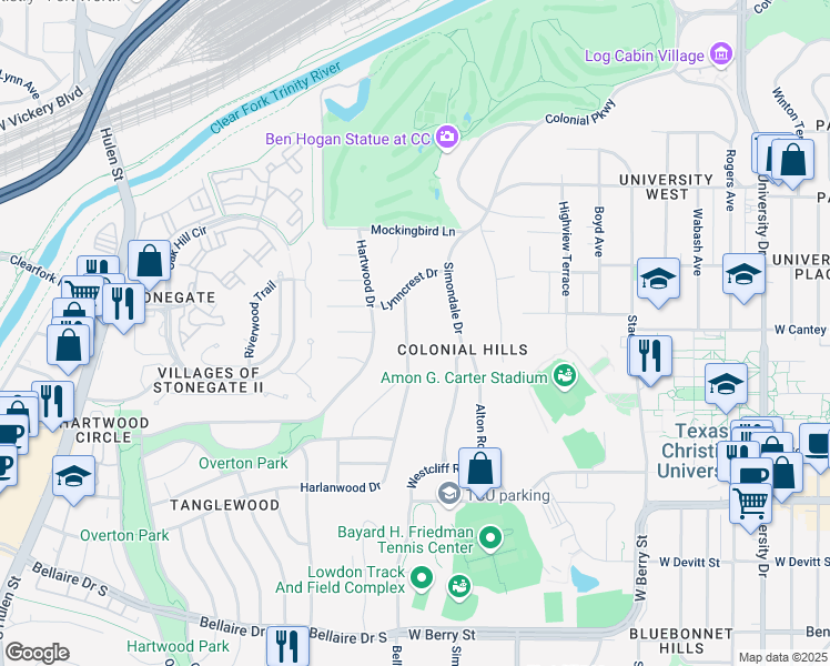 map of restaurants, bars, coffee shops, grocery stores, and more near 2721 Harlanwood Drive in Fort Worth